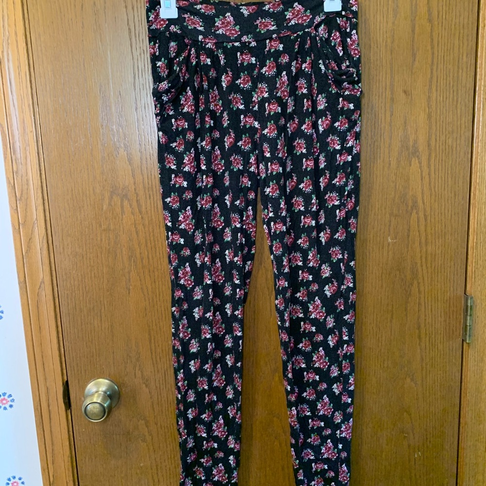 Rue21 Black and Pink Floral Harem Pants- Size M